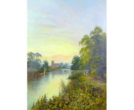 British School (early 20th century): Evening view from riverbank (possibly the Thames) with boats and church, oil on canvas, 