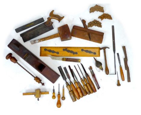 A group of woodworking and building tools, some stamped with maker's names. (1 box) 