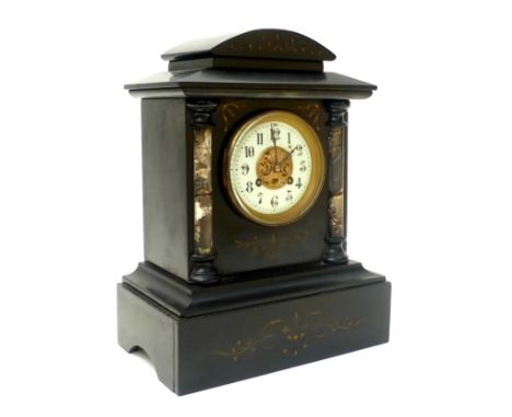 A Victorian slate mantel clock, of architectural form with marble pilasters and carved decoration, 8 day Marti et Cie movemen