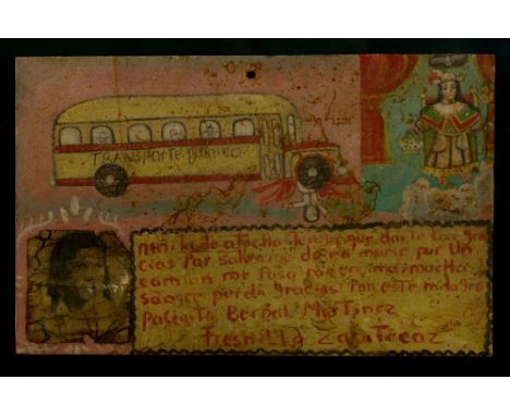 Artist: Mexican School (Ex-Voto Artist) 20th Century. Title: "Vintage Ex-Voto/Retablo: Transporte Publico". Medium: Oil on ti