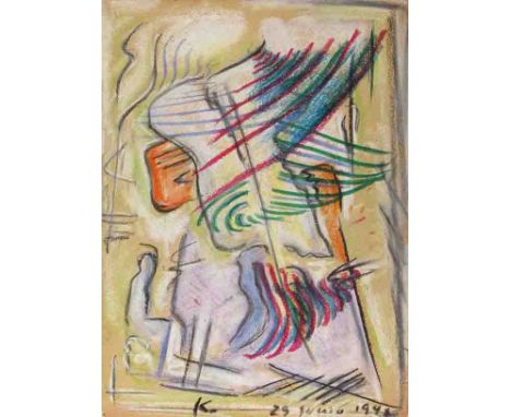 Artist: Jaled Muyaes (Chilean/Mexican, 1921 - 2007). Title: "Non-Objective Composition #15". Medium: Color crayon and pastel.