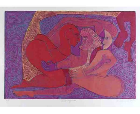 Artist: Karima Muyaes (Mexican, b.1960). Title: "Dialogando". Medium: Color linocut. Date: Composed 2007. Dimensions: Overall