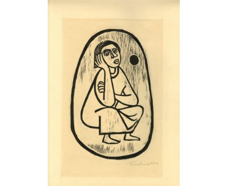 Artist: Jose Venturelli (Chilean, 1924 - 1988). Title: "Pensive Woman". Medium: Original woodcut. Date: Composed c1950. Dimen