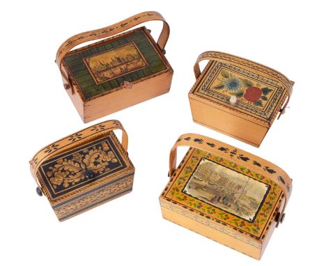 A COLLECTION OF FOUR TUNBRIDGE OR BRIGHTON WARE MINIATURE SEWING BOXES, CIRCA 1820-1865 all rectangular with canted sides and
