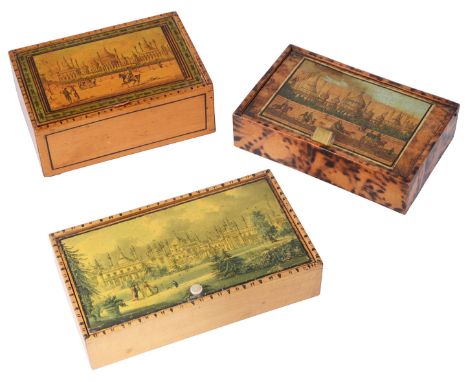 THREE TUNBRIDGE OR BRIGHTON WARE SOUVENIR BOXES, SECOND QUARTER 19TH CENTURY all rectangular, applied with printed views of t
