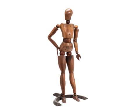 AN ARTIST~S MANNEQUIN WITH STAND, PROBABLY FRENCH, 19TH CENTURY typically articulated in walnut, the stand with iron semi-cir