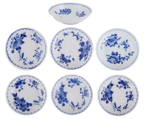 A GROUP OF SEVEN CHINESE BLUE AND WHITE DISHES, PROBABLY GUANGXU (1875-1908) each painted with a bird perched in a branch of 