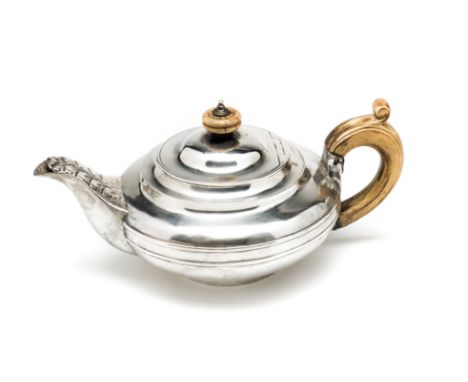 ˜A GEORGE IV SILVER BACHELOR~S TEAPOT, EMES &amp; BARNARD, LONDON, 1825 compressed circular, applied with a moulded girdle an