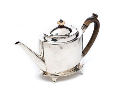 ˜A GEORGE III SILVER TEAPOT, JOHN TWEEDIE, LONDON, 1796 slightly bulged oval, plain, with reeded rim, ivory finial and wood h