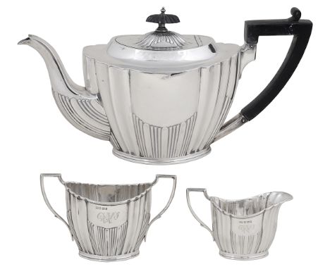 A VICTORIAN SILVER THREE-PIECE TEA SET, LEE &amp; WIGFULL LTD., SHEFFIELD, 1898/99 ribbed shaped oval, with part fluting and 