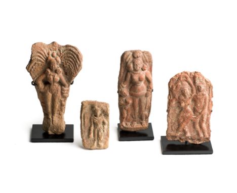 FOUR SUNGA TERRACOTTA  PLAQUES, LOWER GANGETIC REGION, INDIA, 2ND-1ST CENTURY B.C. each with moulded relief decoration, two d