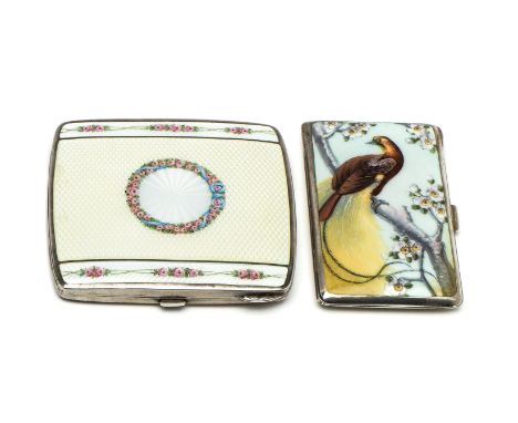 FOUR AUSTRIAN SILVER AND ENAMEL CIGARETTE CASES, EARLY 20TH CENTURY all oblong and with guilloché enamel, one with an exotic 