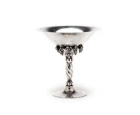 A DANISH ~GRAPE~ TAZZA, GEORG JENSEN, COPENHAGEN, POST 1945 designed by Georg Jensen in 1918, the hammer-finished bowl applie