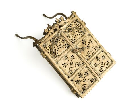 A BRASS BOOK CONTAINER, PROBABLY FOR A QUR~AN, NORTHERN INDIA, 18TH / 19TH CENTURY of rectangular form, with twin hinged serp