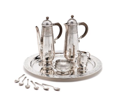 A GEORGE V SILVER CAFE-AU-LAIT SET WITH TRAY, LIBERTY &amp; CO. (CYMRIC) LTD., BIRMINGHAM, 1914-18, all hammer finished, the 