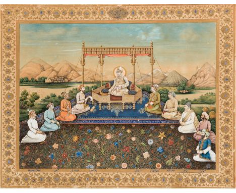 A LARGE PAINTING OF THE EMPEROR AKBAR AND HIS NAVARATNAS, DELHI, MID 19TH CENTURY gouache with gold on paper, laid on card, e