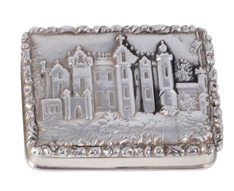 A VICTORIAN SILVER ~CASTLETOP~ VINAIGRETTE, EDWARD SMITH, BIRMINGHAM, 1840 rectangular, with engine-turned base, the lid with