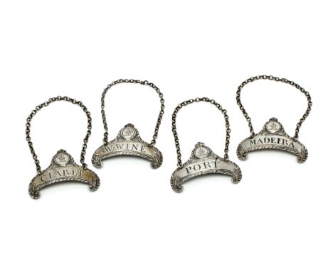 A SET OF FOUR GEORGE III SILVER BOTTLE TICKETS (WINE LABELS), PROBABLY JOSEPH WYATT OF LONDON, CIRCA 1800 each with chain sus