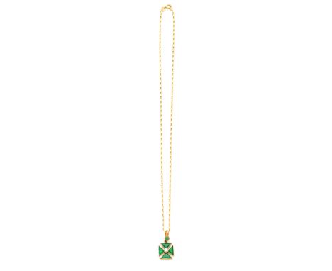 COLLECTION OF JEWELLERY comprising: a carved chyrsoprase cross pattée pendant with central seed pearl on a Figaro link back c
