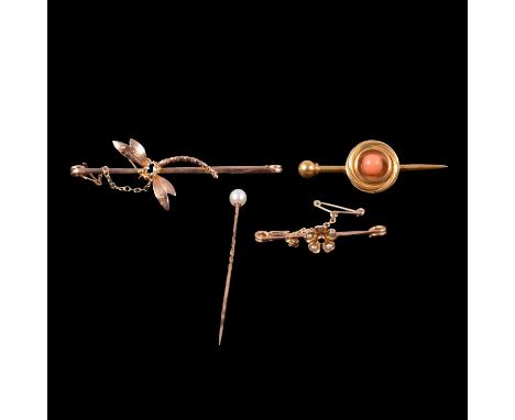 A dragonfly bar brooch, coral bar brooch, floral bar brooch and pearl stick pin, a 6mm yellow metal dragonfly bar brooch set 