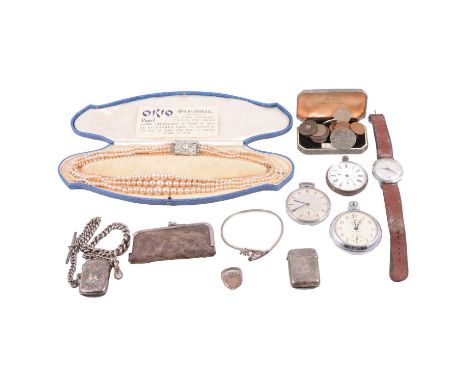 Silver, white metal and costume jewellery, pocket watches, Albert watch chains, a white metal ring set with George V threepen