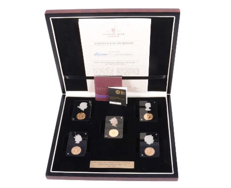 Five Gold Full Sovereign Coins, Her Majesty Queen Elizabeth II Portrait Collection, cased