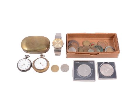 A collection of watches and coins, a pair cased pocket watch with fern design outer case, 35mm white enamel dial with bulls e