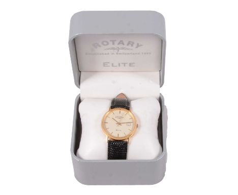 Rotary - a gentleman's Elite 18 carat yellow gold quartz wristwatch, 28mm circular cream raised baton dial with date aperture