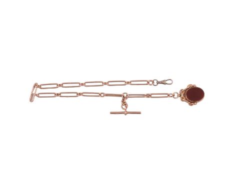 A 9 carat rose gold single Albert watch chain with fob, each of the 6.5mm gauge alternating rectangular and oval links marked