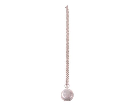 A silver sovereign case and chain, silver swizzle stick, and coin, the 33mm scroll engraved sovereign case hallmarked Birming