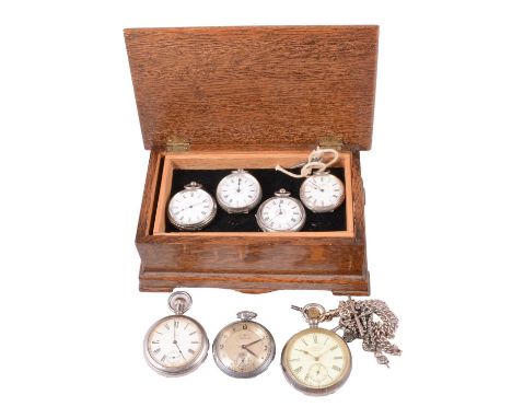 An oak casket containing three pocket watches, four fob watches and two Albert watch chains, a Kay's open face pocket watch, 