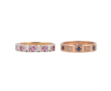 Two half eternity rings, ruby and diamond, sapphire and diamond, a ruby and diamond half eternity ring, the five brilliant cu