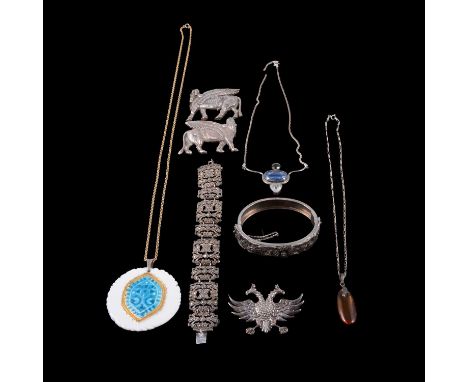 A collection of silver, white metal and ceramic jewellery, some gemset, an amber drop pendant, on a Figaro fetter and three l