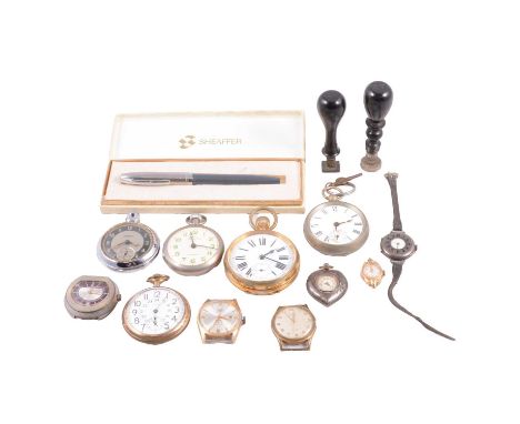 A Goliath pocket watch, other pocket watches, wristwatches, pen and seals, a Goliath open face pocket watch, white enamel dia