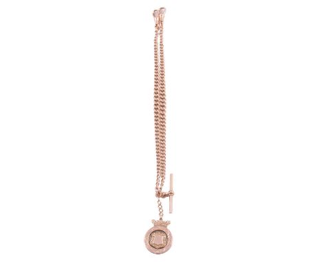A 9 carat rose gold double Albert watch chain with fob, solid curb links graduating from 5.8mm to 3.8mm, each link marked 9 3