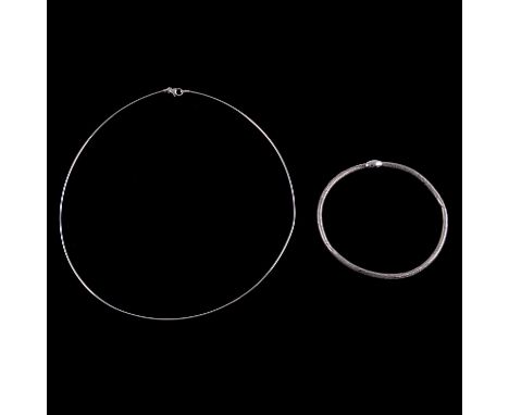An 18 carat white gold snake link necklace, and a 9 carat white gold mesh bangle, an 18 carat white gold snake link necklace,