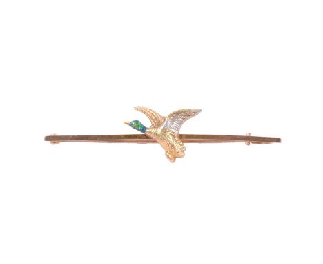 A yellow metal bar brooch with mallard in flight, the 55mm long bar marked 9ct, green enamel head to mallard, 3.3g.