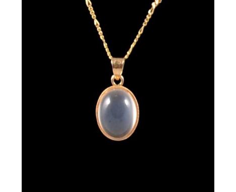 Two yellow metal pendants and chains and two small pear shaped opal cabochons, an oval cabochon cut moonstone, 15x10mm, colle