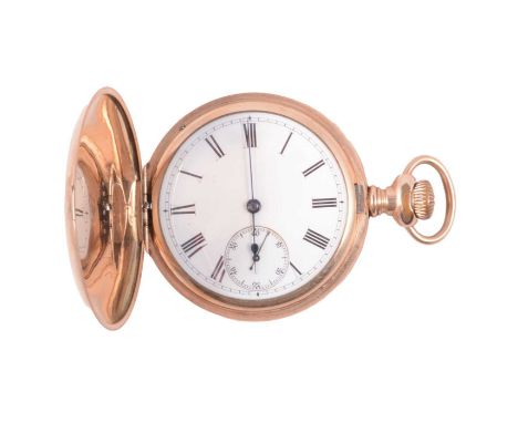 A gold-plated full hunter pocket watch, white enamel dial with roman numeral chapter ring and subsidiary seconds dial in a go