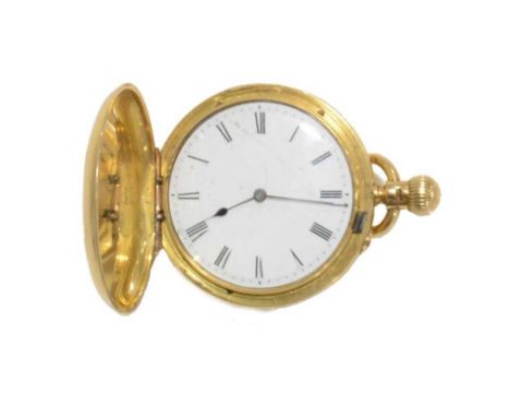 An 18 carat yellow gold full hunter fob watch, white enamel dial with Roman numeral chapter ring, in 18 carat yellow gold pla