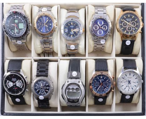 Accurist, Citizen, Casio - ten gentlemen's chronograph style wristwatches with storage/display case, Accurist Skymaster MB929