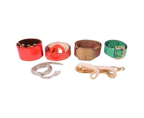 Six colourful vintage belts, a Lanvin French 8cm wide red snakeskin effect belt with large feature gilt buckle, 75cm; an L K 