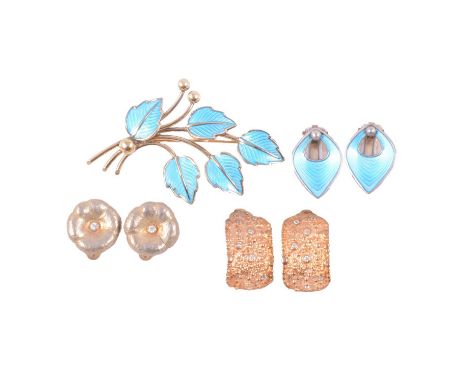 Jemax of Denmark - a blue enamel brooch and earrings and two other pairs of earrings, Jemax of Denmark - a blue enamel five l