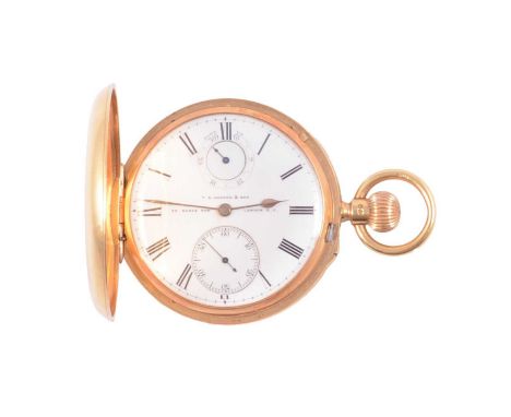 T S Cogdon &amp; Son - an 18 carat yellow gold full hunter pocket watch, white enamel dial with roman numeral chapter ring, s