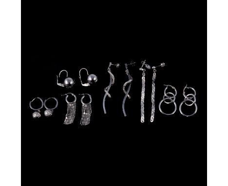 Six pairs of 9 carat white gold / white metal drop earrings for pierced ears, a pair of 9 carat white gold drop earrings, eac
