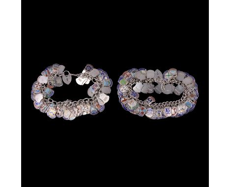 Two silver / white metal charm bracelets with town shield charms, and some coins, a silver charm bracelet with charms, the cu