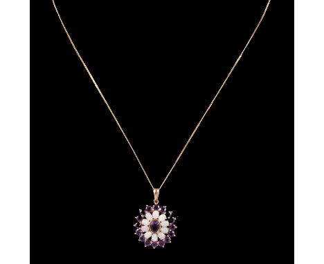 Two 9 carat gold gemset pendants on chains, opal and turquoise, chrome diopside and diamond, an opal and turquoise pendant on