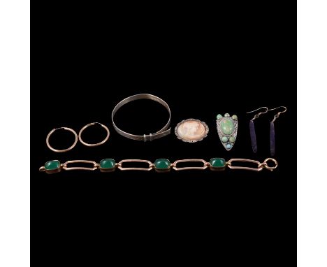 A gold-plated bracelet, expanding bangle, cameo, brooch, hoop and drop earrings, a gold-plated bracelet set with four rectang
