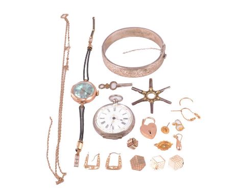A silver open face fob watch, gold wristwatch, silver bangle, and scrap gold, a silver open face fob watch, white enamel dial