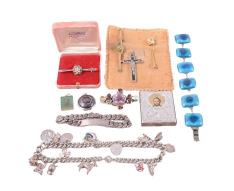 Gold-plated ring, silver and white metal bracelets, charms, pendants and costume jewellery, a gold-plated five bar ring size 